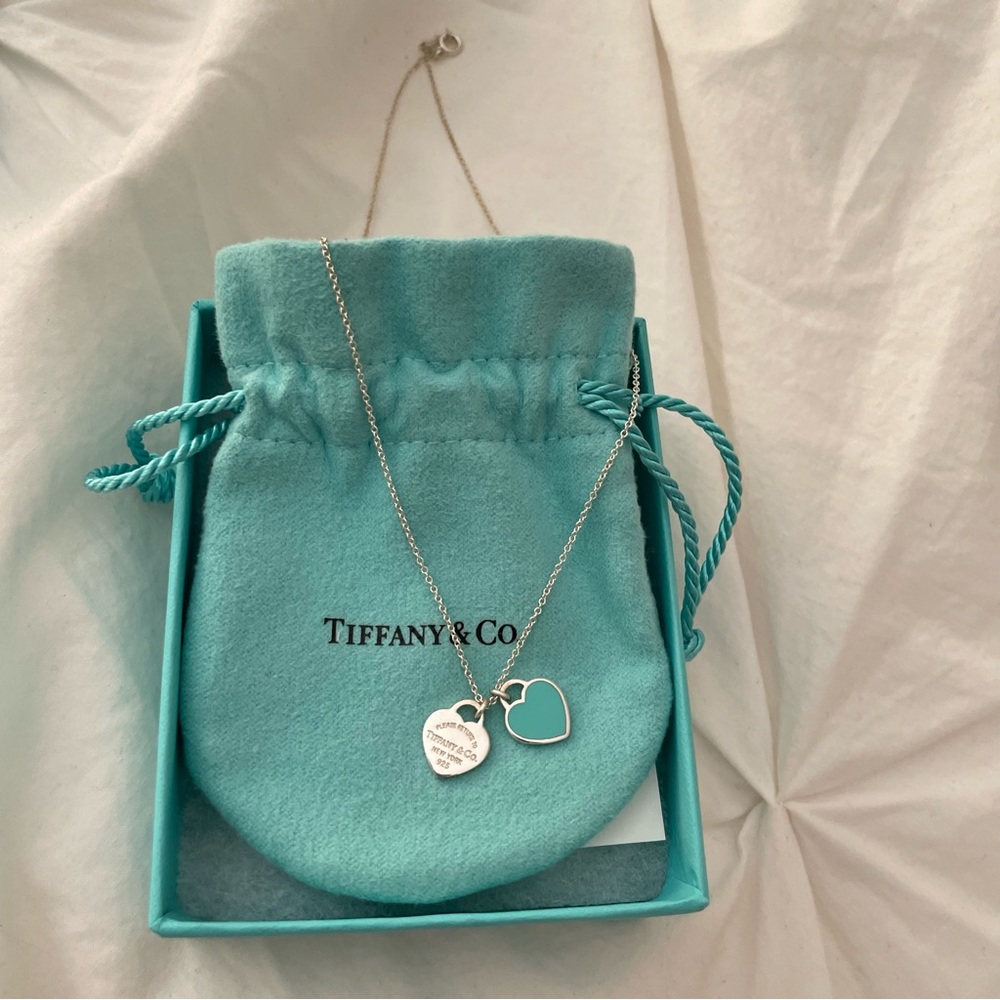 Tiffany & Co. Blue Double Heart Tag Mini Pendant • 16 Inch Chain